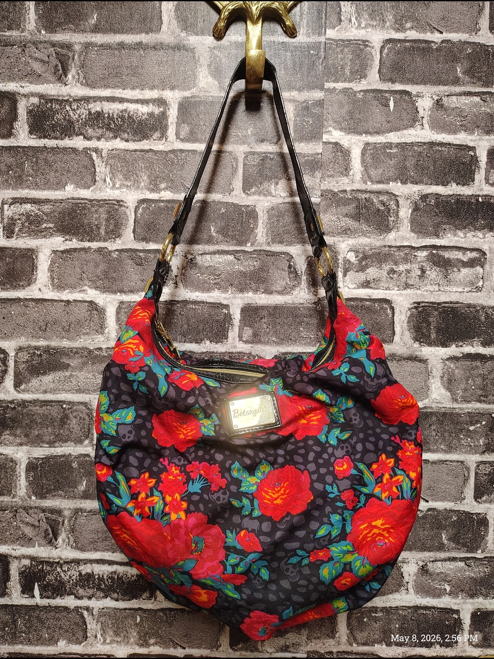 Betsey Johnson Black Floral Hobo Bag with Red Roses